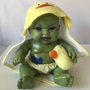 Custom Hand Painted OOAK Devil Child Demon Doll Green Halloween Horror Decor